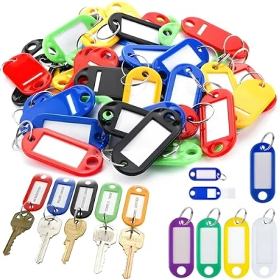 Afbeelding van Retoo 100 stuks kunststof sleutelhangers voor thuis, kantoor, verwisselbare etiketten, zwart, rood, geel, wit, groen