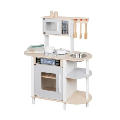 Afbeelding van Productfoto Witte houten keuken voor kinderen Speelkeuken met accessoires keukengerei en schort