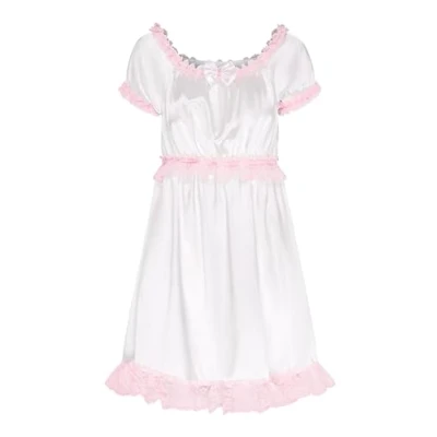 Afbeelding van Satini Lingerie Satijn Mietje Babydoll Ruches Kant Volledige Slip Nachtkleding Jurk, Wit.