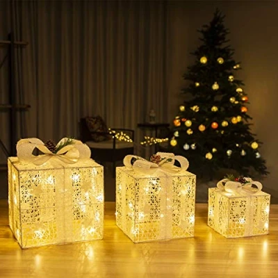 Afbeelding van GIGALUMI Set van 3 LED verlichte geschenkdozen met strik Kerstdecoratie Wit