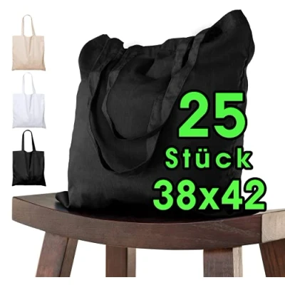 Afbeelding van 25 stuks katoenen tas 38 x 42 cm, Zwart, onbedrukt, t lang handvat stoffen draagtas schoudertas jute ÖKO TEX® getest, voor schilderen gemaakt van katoen