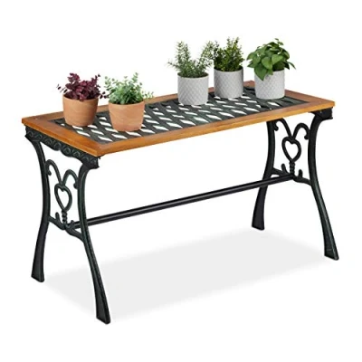 Afbeelding van Relaxdays tuintafel rechthoek buiten 58 x 98 47 cm vintage hout gietijzer naturel zwart