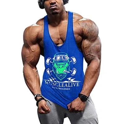 Afbeelding van Heren Gym Bodybuilding Tank Top Stringer Vest Fitness Workout Sportkleding Katoen, T7005 Blauw, M