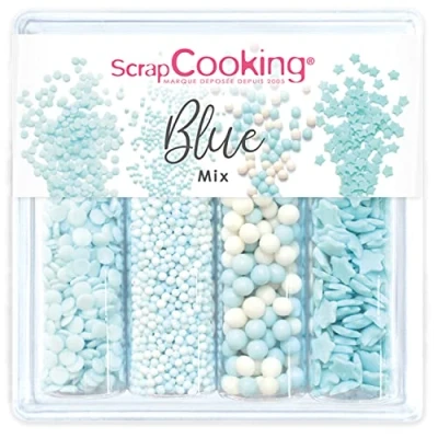 Image de SCRAP COOKING Décors Sucrés « Blue Mix » 64g Assortiment 4 Variétés : Confettis, Mini Billes, Perles, Étoiles Décorations Pâtisserie, Desserts, Gâteaux, Cupcakes, Anniversaires Bleu 7510