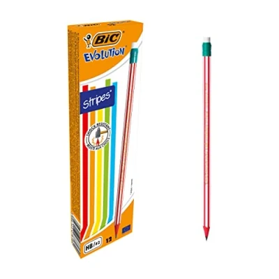 Image de BIC Evolution Stripes Lot de 12 crayons à papier HB avec gomme, dureté moyenne, sans bois et incassables