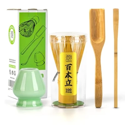 Afbeelding van TEANAGOO Japanse ceremonie accessoire voor matcha, matcha garde (chashaku), bamboelepel theelepel, groene celadon gardehouder, TG I1, de perfecte set het bereiden van een kopje