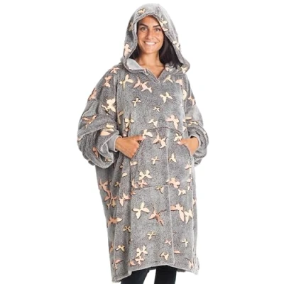Afbeelding van Kanguru Glow Lichtgevende Fleece Deken Hoodie, Kangurone Trui Plaid Draagbare Mouw Hoodies met Vlinders, Grijs, Volwassen Maat 95 x cm 1308