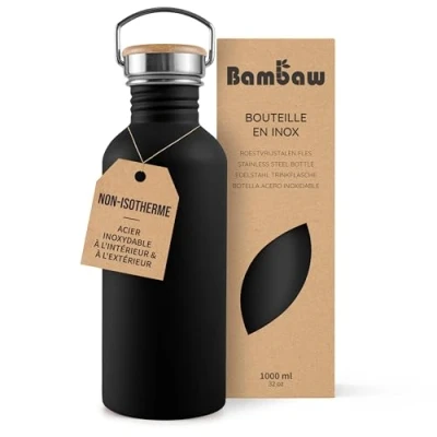 Afbeelding van Bambaw® Waterfles 1 liter Enkelwandige drinkfles RVS Niet Geïsoleerd Lekvrij, en Plasticvrij met Bamboe Dop Waterflessen Volwassenen Perfect voor Reizen, Werk, Yoga, Wandelen Dagelijks Gebruik Water Fles zwart