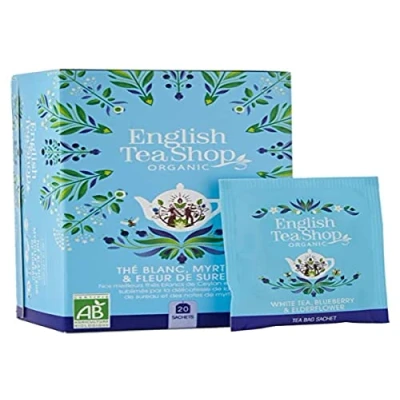 Afbeelding van English Tea Shop biologische bosbessen en vlierbloesem witte thee Premium met vlierbloesem, bosbes, citroengras... 20 zakjes uit Fairtrade