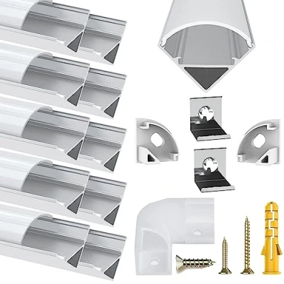 Afbeelding van Chesbung Aluminium led profiel, 10 x 1 m, aluminium, V vorm voor ledstrips, compact, professionele afwerking met melkwit deksel, eindkappen, metalen montageclips, gele eindkappen