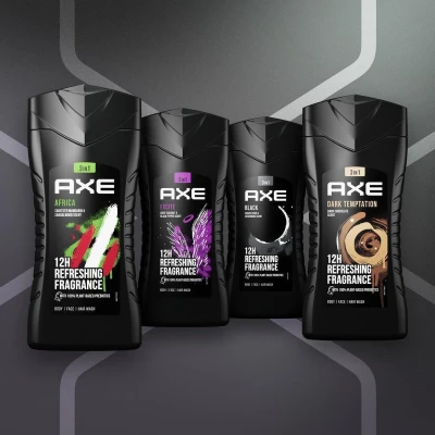 Afbeelding van AXE 3 in 1 Douchegels Africa + Black Dark Temptation Excite vier onweerstaanbare geuren samen een voordeelverpakking 4 x 250 ml