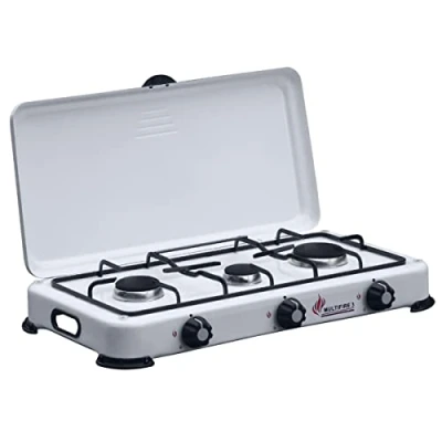 Afbeelding van Gaskooktoestel, 3 vlammen, 4100 W, gietijzeren brander, deksel voor kookplaat, butaan of propaangas