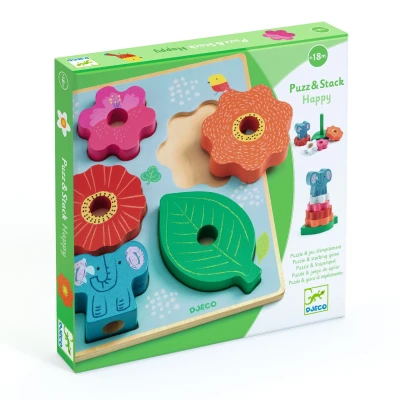 Afbeelding van Djeco houten puzzel en stapeltoren happy 7st