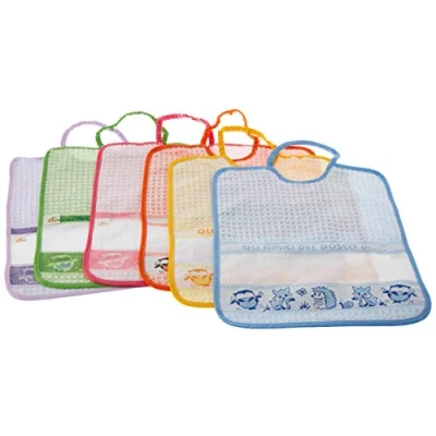 Afbeelding van Bubabù BAV275 Set van 6 slabbetjes met borduurelastiek Friends del BOSCO grote badstof katoen 100% Made in Italy, 29 x 32 cm, meerkleurig