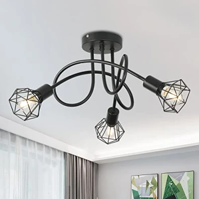 Afbeelding van Mchoter industriële plafondlamp, 3 spots, metaal, zwart, kooi, plafondspots, hanglamp, spot voor keuken, hal, woonkamer, slaapkamer