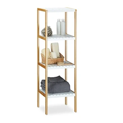 Afbeelding van Relaxdays badkamerrek bamboe rek met 4 witte planken keukenrek opbergrek badkamer