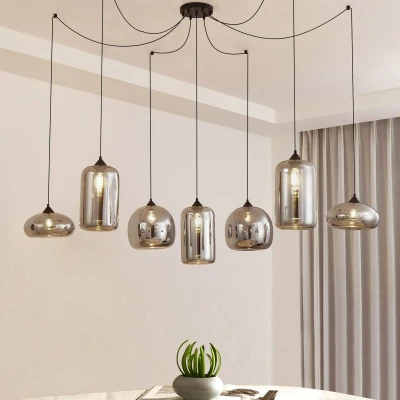 Afbeelding van Lindby hanglamp Marla, 7 lamps, glas, rookgrijs, 128cm
