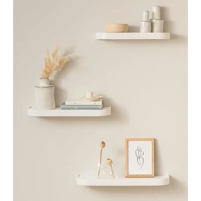 Afbeelding van Kazai.® Neva Set van 3 zwevende wandplanken echt hout voor badkamer, woonkamer, keuken, slaapkamer en meer, wit