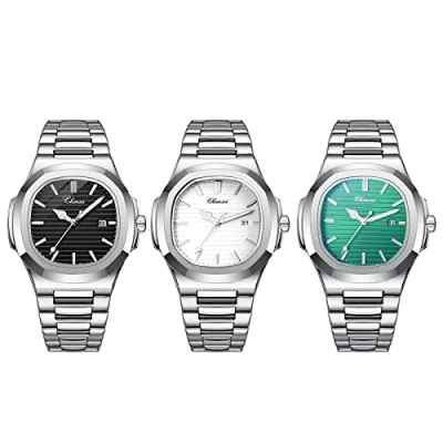 Afbeelding van JewelryWe Kwartshorloge voor heren, dameshorloge, vierkante ruitbehuizing, modieus, lichtbalkladder, lichtgevende wijzers, stevige roestvrijstalen armband, 4 3 stuks strijkijzer, Polsband: