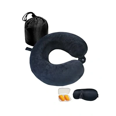 Afbeelding van Reiskussen, traagschuim kussen, slaapmasker, oordopjes, tas, snel pakket, compact en licht, voor camping, kantoor, vlucht (zwart)