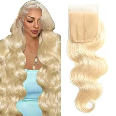 Afbeelding van Tuheerst Lace Closure Body Wave 4X4 Human Hair Hoeny Blonde Couleur 613 Cheveux Humains Fermetures 100% Unprocessed Virgin Remy 14 Pouce