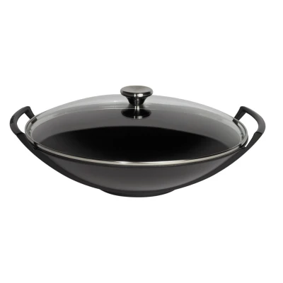 Afbeelding van Le Creuset Gietijzeren Wok In Mat Zwart Met Glazen Deksel 36cm 4,5l