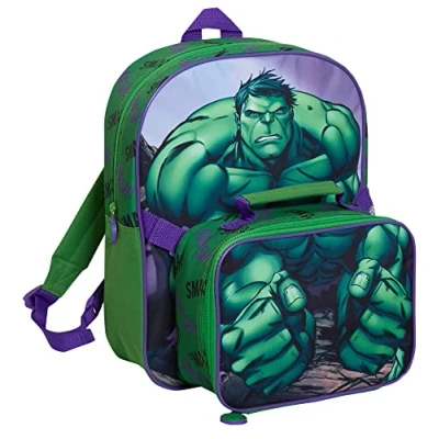 Afbeelding van The Hulk Marvel Rugzak met lunchtas voor kinderen, 2 delige schooltas, bijpassende geïsoleerde lunchset, Groen, één maat, rugzak,
