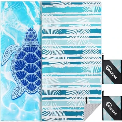 Afbeelding van Strandhanddoek XXL set van 2 90 x 180 cm, grote sneldrogende microvezel handdoek, zandvrije badhanddoek, stranddeken voor vrouwen (schildpad + bladeren)