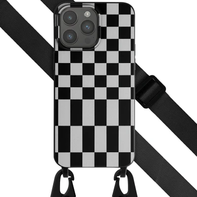 Afbeelding van Selencia hoesje Geschikt voor iPhone 15 Pro Max met koord Siliconen design afneembaar Zwart / Irregular Check Black