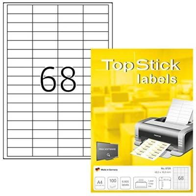Afbeelding van TopStick 8729 universele etiketten A4 mini (48,5 x 16,9 mm, 1000 vel, papier, mat) zelfklevend, bedrukbaar, veelzijdig, permanent hechtend, 68000 etiketten, wit