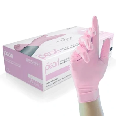 Afbeelding van Unigloves Pink Pearl Nitril onderzoekshandschoenen multifunctionele wegwerphandschoenen, poedervrij en latexvrij, doos met 100 handschoenen, roze, maat S (GP0052)