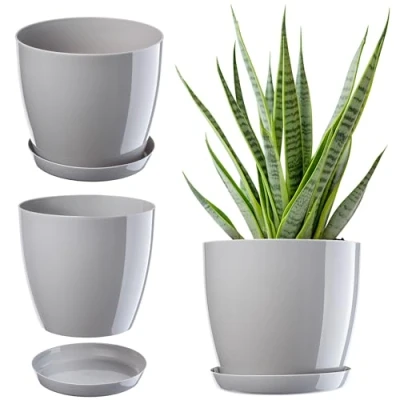 Afbeelding van KADAX Elegante plantenbak met onderzetter, rond en elegant, van lichte kunststof voor binnen thuis, plantenbak, diameter 18 cm, grijs