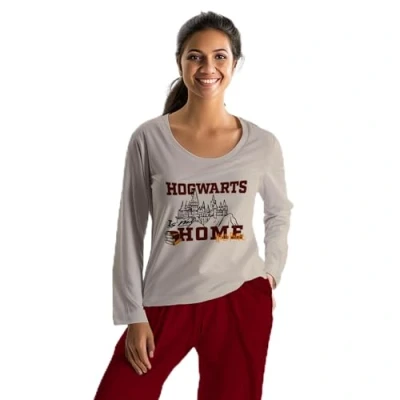 Afbeelding van Harry Potter damespyjama Hogwarts is My Home pyjamaset met lange mouwen en broek, beige/rood, Grijs/Zwart