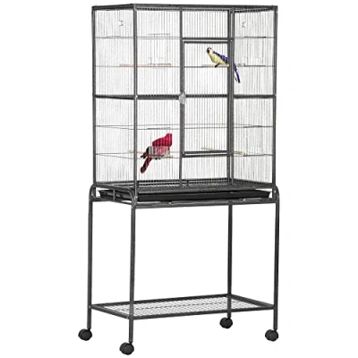 Afbeelding van PawHut Draagbare vogelkooi met 4 voederbakken en zitstokken, praktisch, 77 x 47 163 cm, zwart grijs