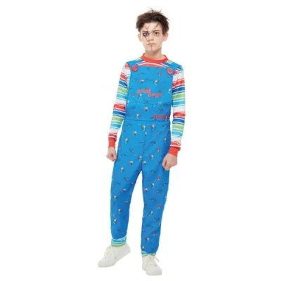 Afbeelding van Smiffys Blauw Chucky kostuum voor kinderen, jurk en top, officieel gelicentieerd, blauwe tuinbroek gestreepte top met contrasterende manchetten, ideaal Halloween bijpassende kostuums
