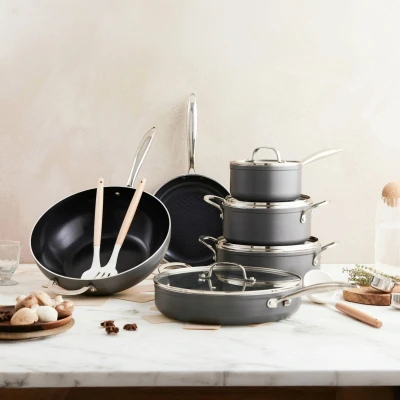 Afbeelding van ISENVI Victoria Forged Chef Deluxe Pannenset 18 delig RVS grepen Antraciet Keramisch 100% PFAS, PTFE en PFOA vrij duurzaam Unieke Antiaanbaklaag Non stick bodem Geschikt voor alle warmtebronnen + inductie
