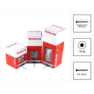 Afbeelding van Fischer Power Fast II 670265 Spaanplaatschroeven 4.5 mm 50 Binnen T, Interne vertanding, TX, Torx, T profiel Staal Galvanisch verzinkt 500 stuk(s)