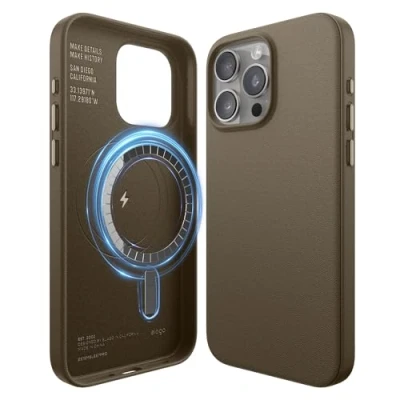 Afbeelding van elago Magnetische lederen hoes, compatibel met iPhone 15 Pro Max, MagSafe compatibel, hoogwaardig veganistisch kunstleer, ingebouwde sterke magneten, volledige bescherming [structuur