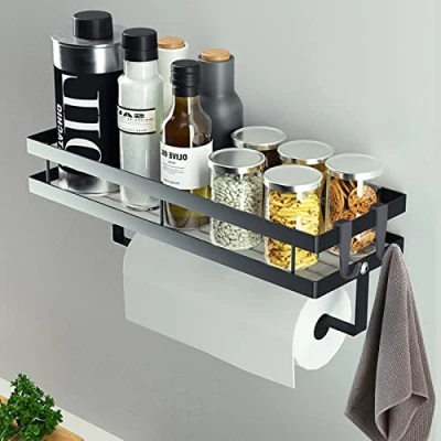 Afbeelding van CZKDTT Kruidenrek, keukenwandrek zonder boren, hangend kruidenrek met keukenrolhouder en 4 haken, keukenlade organizer, keukengereihouder, 35 cm, zwart