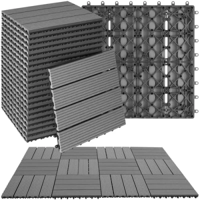 Afbeelding van tectake® WPC houten tegels Houtlook Weerbestendig Vloerbedekking voor buiten Vloertegels Balkonvloer Terrastegels met kliksysteem Afvoer Set van 22 Grijs