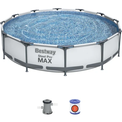 Afbeelding van Bestway Opzetzwembad Steel Pro Max Set Rond Ø 366 x 76 cm Met Pomp Grijs Stabiel Eenvoudige Montage Aftapkraan 6473 liter 25,2 kg