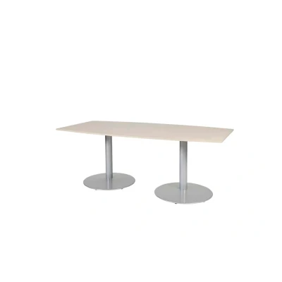 Afbeelding van Linesto 200x100cm tonvormige vergadertafel op vaste hoogte (74cm) met lindberg (licht) eiken 25mm blad en aluminium (RAL9006) trompetvoeten