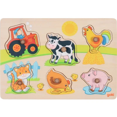 Afbeelding van goki 57309 Boerderijpuzzel voor peuters met diermotieven en houten handgrepen