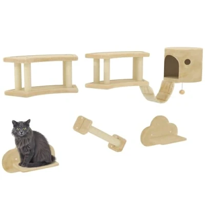 Afbeelding van PawHut Katzen Kletterwand Set, 5 teilig Katzenmöbel mit Kratzstamm, Sprungplattformen, Leiter, Haus, Wandgerüst, für bis kg, Plüsch, Beige
