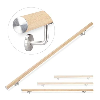 Afbeelding van Relaxdays Ronde aluminium leuning, trapleuning binnen en buiten, beukenlook, 200 cm, Ø 42 mm, met wandhouder, naturel