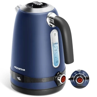 Afbeelding van Aigostar Lori Elektrische waterkoker met temperatuurregelaar 40 C tot 100 C, roestvrij staal, 1,7 l, 2200 W led display, 2 uur warm, BPA vrij, marineblauw