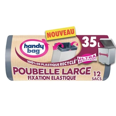 Afbeelding van Handy Bag Vuilniszakken met elastische bevestiging, grote afvalemmer 35L x 12 zakken Geschikt voor rechthoekige vuilnisbakken Zeer robuust en waterdicht: drielaagse folie 100% gerecycled