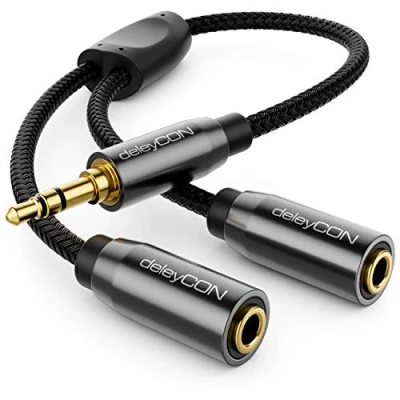 Afbeelding van deleyCON 0,2 m audiojack Y splitter kabel AUX 3,5 mm jack naar 2 x mantel nylon stereo adapterkabel