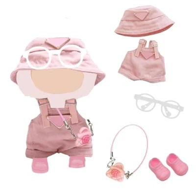 Afbeelding van 5 stuks labubu kleding 17 cm, poppenkleding, jurk voor pluche poppen verzamelaars, cadeaus kinderen, roze set 1 leggings, hoed, tas, bril,
