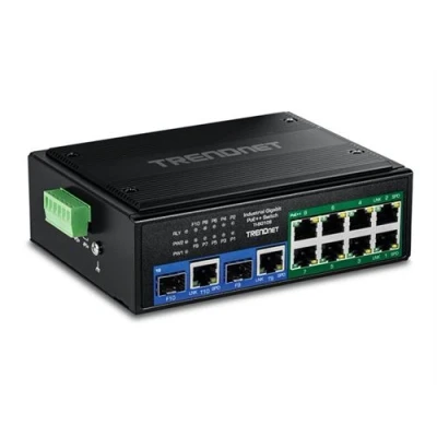 Image de TRENDnet TI BG108 Version v1.0R commutateur industriel non géré 8 x 10/100/1000 (PoE++) + 2 combinaison Gigabit SFP/RJ 45 Montage sur rail DIN, fixation murale PoE++ (400 W) Conformité TAA
